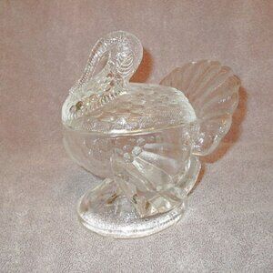 Vtg L.E. Smith Clear Glass Turkey On A Nest Covered Candy Dish 7.5" Heavy Bird